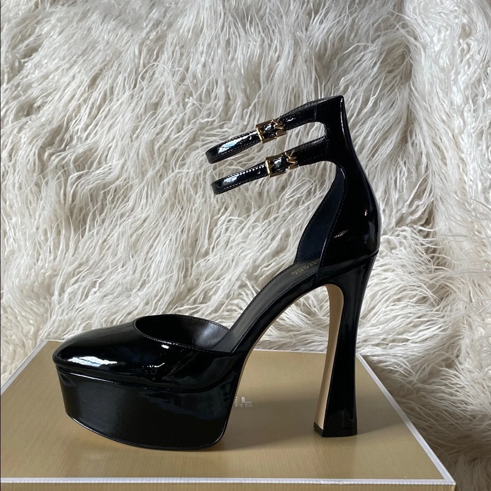 Michael Kors Martina Ankle Strap Patent Leather Platform Heels, Black - Size 9